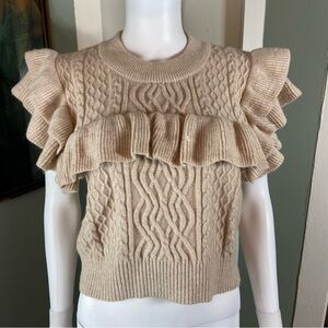 Mable Beige Cable Knit Ruffled Knit Sweater Short Sleeve Top Blouse Medium M